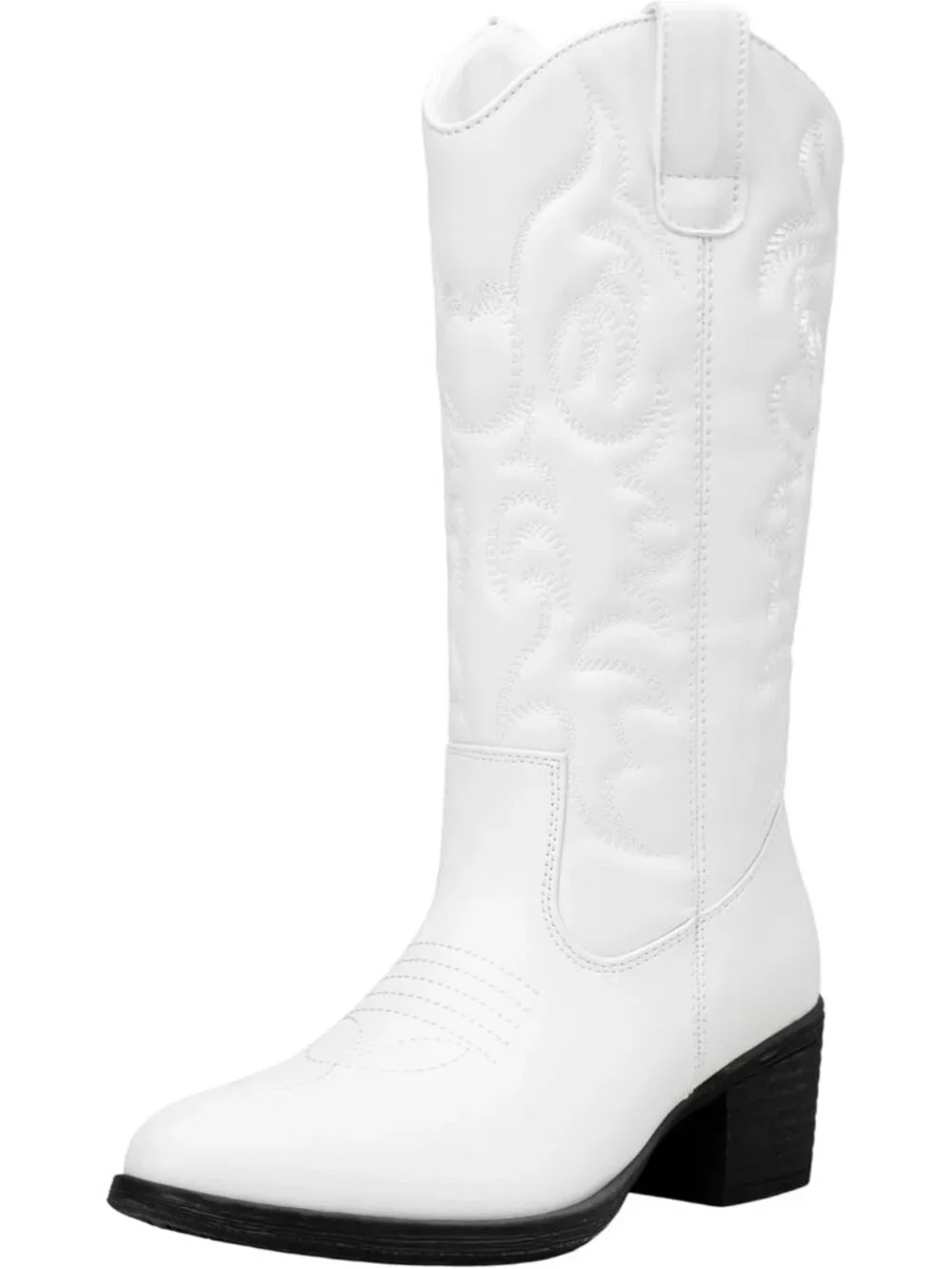 Women's white Leather Cowboy Western Cowgirl Round Toe Mid Calf Boot - Picture 1 of 6